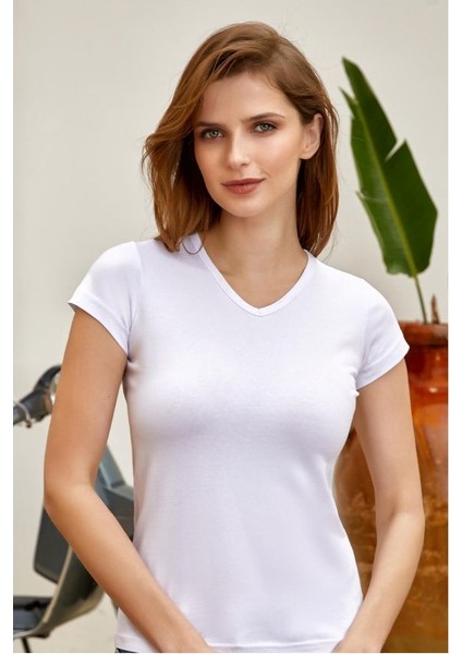 Berrak 5'li V Yaka Kısa Kollu Pamuklu ve Likralı Kdın Kısa Kollu Atlet