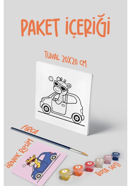 Zürafa Temalı Çocuk Tuval Boyama Seti | Tuval + 6 Renk Akrilik Boya + Fırça modelleri