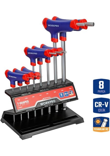 WP200542 8 Parça Cr-V Top Başlı T Tipi Uzun Profesyonel Allen Anahtar Takımı