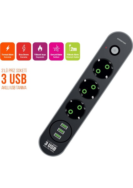 MP19 Uzatma Kablosu 3 Prizli 3 Usb'li 2 Metre Kısa Devre Korumalı Siyah fiyatları