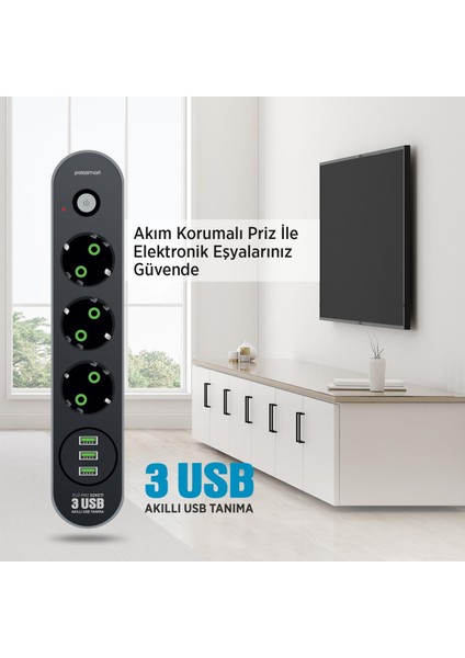MP19 Uzatma Kablosu 3 Prizli 3 Usb'li 2 Metre Kısa Devre Korumalı Siyah modelleri