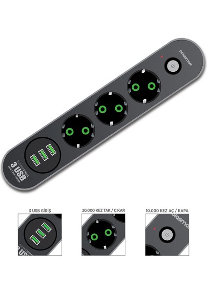 MP19 Uzatma Kablosu 3 Prizli 3 Usb'li 2 Metre Kısa Devre Korumalı Siyah fırsatları