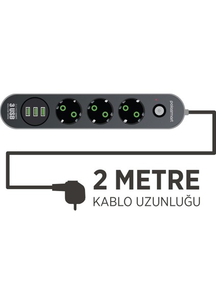 MP19 Uzatma Kablosu 3 Prizli 3 Usb'li 2 Metre Kısa Devre Korumalı Siyah indirimleri