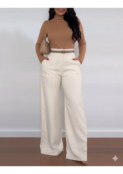 Kadın Yüksek Bel Geniş Paça Detaylı Cepli Ithal Krep Pantolon