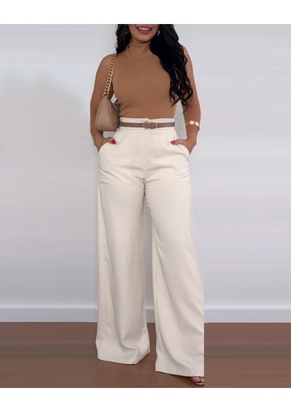 Kadın Yüksek Bel Geniş Paça Detaylı Cepli Ithal Krep Pantolon modelleri