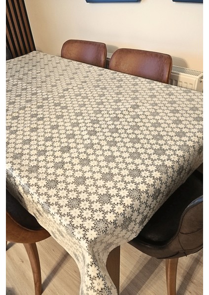 Dantel Görünümlü Üstü Şeffaf Kaplı Muşamba Masa Örtüsü -Krem Renk-Farklı Ölçülerde-Pptsn