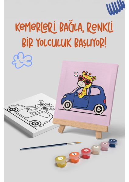 Zürafa Temalı Çocuk Şövale Tuval Boyama Seti | Ahşap Şövale+Tuval+6 Renk Akrilik Boya+Fırça