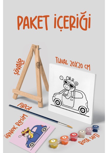 Zürafa Temalı Çocuk Şövale Tuval Boyama Seti | Ahşap Şövale+Tuval+6 Renk Akrilik Boya+Fırça modelleri