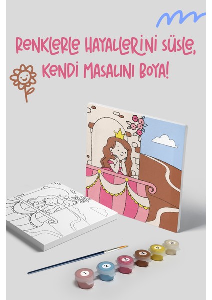 Prenses Temalı Çocuk Tuval Boyama Seti | Tuval + 6 Renk Akrilik Boya + Fırça