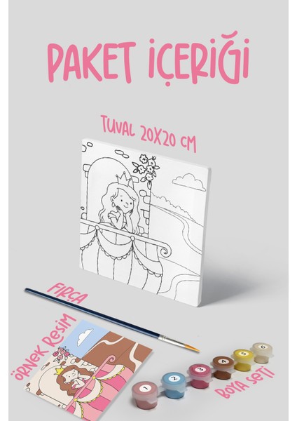 Prenses Temalı Çocuk Tuval Boyama Seti | Tuval + 6 Renk Akrilik Boya + Fırça modelleri