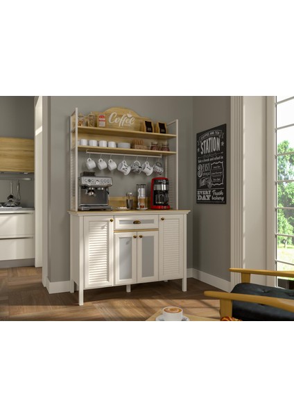 Valena Kahve Köşesi Erzak Dolabı Çok Amaçlı Dolap Airfry Dolabı 4 Kapaklı 1 Çekmeceli Bardak Askılıklı 120 cm Minifixli