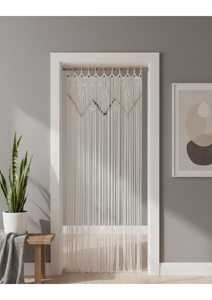 El Yapımı Boncuklu Pamuk Makrome Perde - Doğal Ahşap Boncuklu Dekor