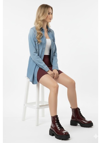 Kadın Metal Toka Detaylı Rugan Bağcıklı Fermuarlı Bot