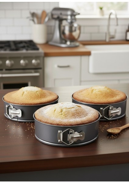 3’lü Kelepçeli Kek Kalıbı Seti – Kolay Çıkarma Özellikli, Yapışmaz Kaplama, 28, 26 ve 24 cm