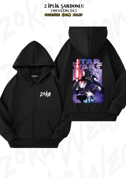 Unisex Star Wars 2 Baskılı Oversize Sırt Baskılı Fermuarlı Kapşonlu Hırka