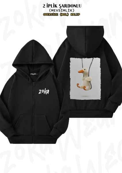 Unisex Ördek Baskılı Baskılı Oversize Sırt Baskılı Fermuarlı Kapşonlu Hırka