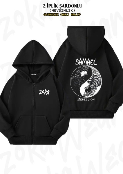 Unisex Samael Baskılı Oversize Sırt Baskılı Fermuarlı Kapşonlu Hırka