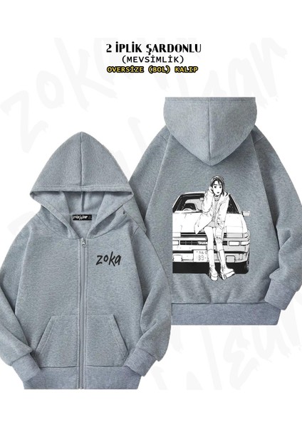 Unisex Initial D Natsuki Drift Touge Baskılı Oversize Sırt Baskılı Fermuarlı Kapşonlu Hırka
