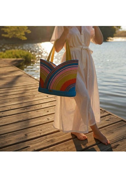 El Yapımı Çok Renkli Pamuk Plaj Çantası Yaz Sezonu İçin Kadın Kullanıma Uygun