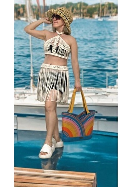 El Yapımı Çok Renkli Pamuk Plaj Çantası Yaz Sezonu İçin Kadın Kullanıma Uygun