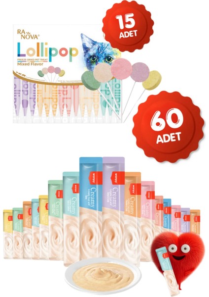 Krema Kedi Ödül Maması 60 Adet 14GR 15LI Karışık Lezzet Lolipop Kedi Ödülü Hediyeli