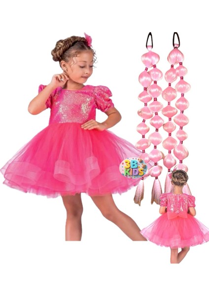 Bariibii Prenses Pembe Kabarık Payetli Elbise Kostüm + 2 Adet Pembe Bubble Saç Doğum Günü Seti