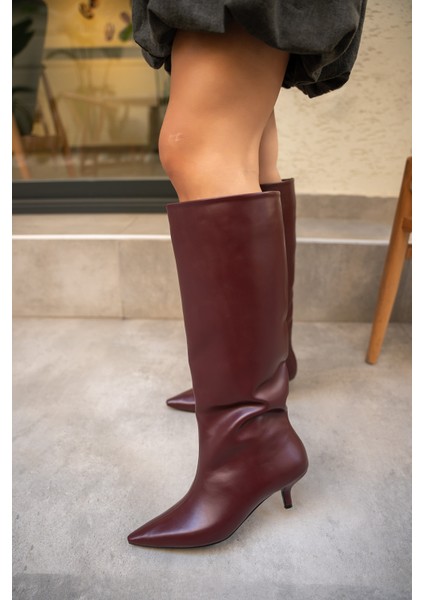 Polka Bordo Deri Kadın Sivri Burun Düz Çizme