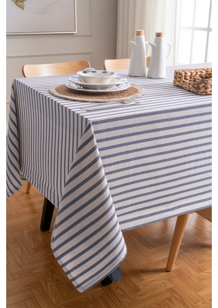 Lacivert Çizgili Keten Masa Örtüsü 160X220 cm - Yumuşak Dokulu