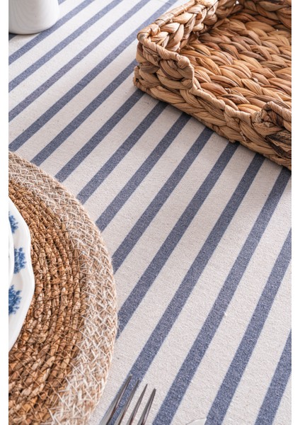 Lacivert Çizgili Keten Masa Örtüsü 160X220 cm - Yumuşak Dokulu fiyatları