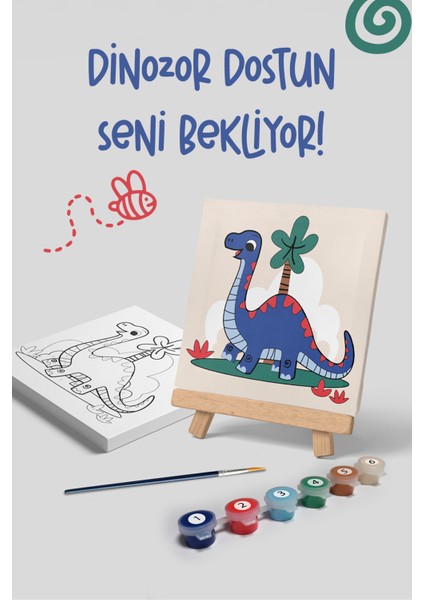 Dinazor Temalı Çocuk Şövale Tuval Boyama Seti | Ahşap Şövale+Tuval+6 Renk Akrilik Boya+Fırça