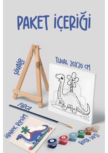 Dinazor Temalı Çocuk Şövale Tuval Boyama Seti | Ahşap Şövale+Tuval+6 Renk Akrilik Boya+Fırça modelleri