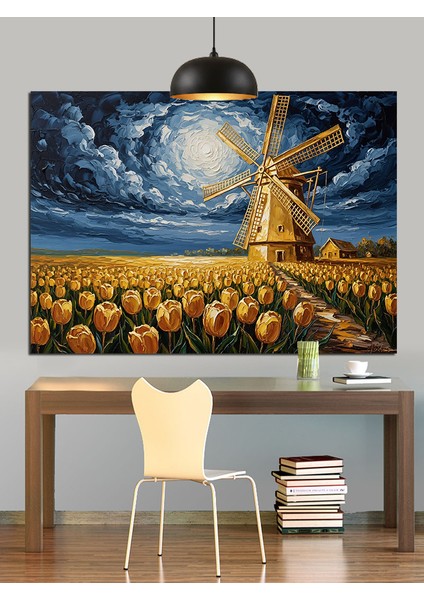 Yel Değirmenli Gece Manzarası Dekoratif Kanvas - Mdf Ahşap Tablo