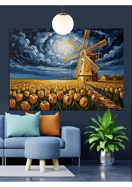 Yel Değirmenli Gece Manzarası Dekoratif Kanvas - Mdf Ahşap Tablo fiyatları