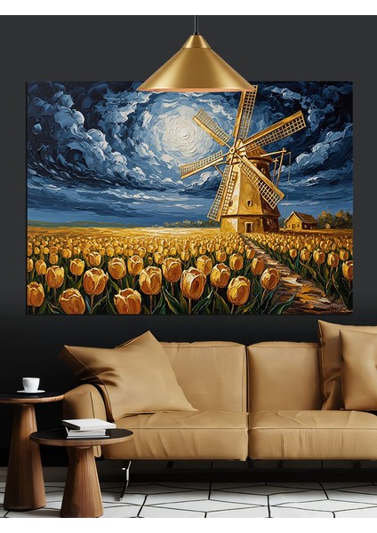 Yel Değirmenli Gece Manzarası Dekoratif Kanvas - Mdf Ahşap Tablo modelleri