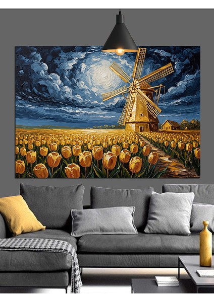 Yel Değirmenli Gece Manzarası Dekoratif Kanvas - Mdf Ahşap Tablo fırsatları