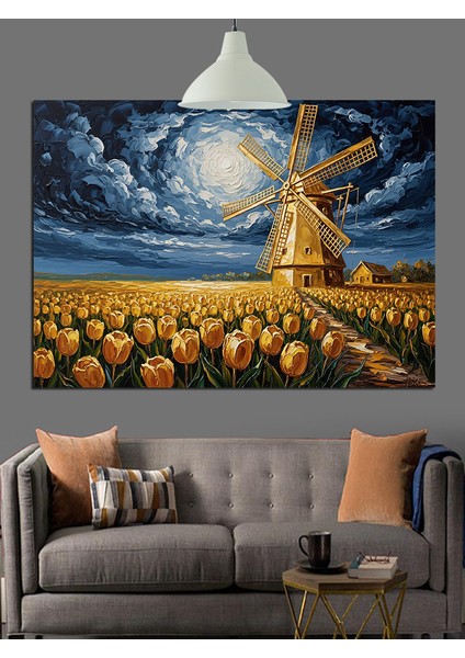 Yel Değirmenli Gece Manzarası Dekoratif Kanvas - Mdf Ahşap Tablo indirimleri