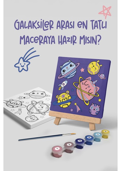 Galaksi Temalı Çocuk Şövale Tuval Boyama Seti | Ahşap Şövale+Tuval+6 Renk Akrilik Boya+Fırça