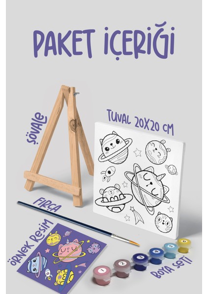 Galaksi Temalı Çocuk Şövale Tuval Boyama Seti | Ahşap Şövale+Tuval+6 Renk Akrilik Boya+Fırça modelleri