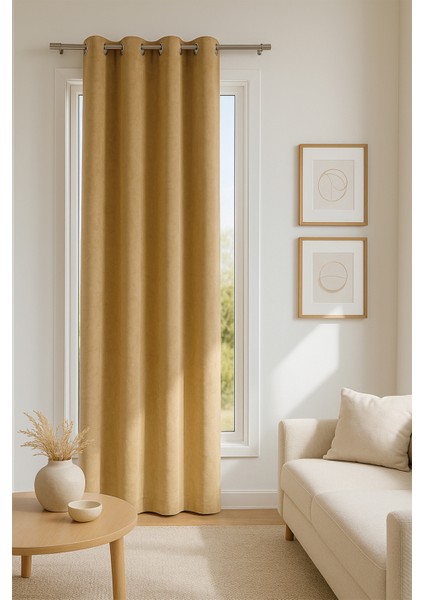 Kadife Halkalı Fon Perde Gold 140X260