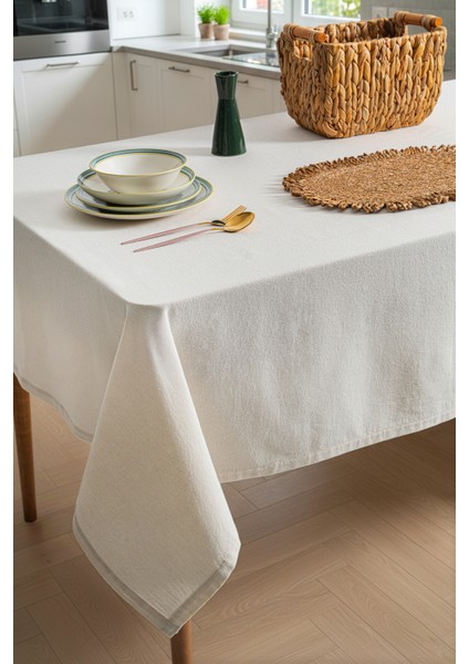 Keten Dokulu Masa Örtüsü 160X220 cm Ekru Sade Modern Sofra Tekstili