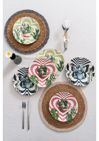 6'lı Kaktüs Desenli Pasta Tabağı Seti 20 cm - Kahvaltı ve Tatlı Sunum Tabakları