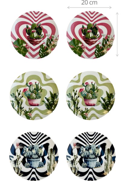 6'lı Kaktüs Desenli Pasta Tabağı Seti 20 cm - Kahvaltı ve Tatlı Sunum Tabakları indirimleri
