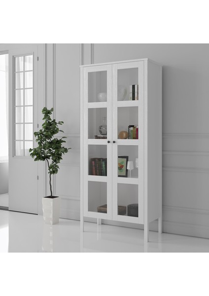 Venezia Cam Kapaklı Ahşap Ayaklı Çok Amaçlı Dolap, Vitrin, Erzak Dolabı - Minifiks - Wood Beyaz