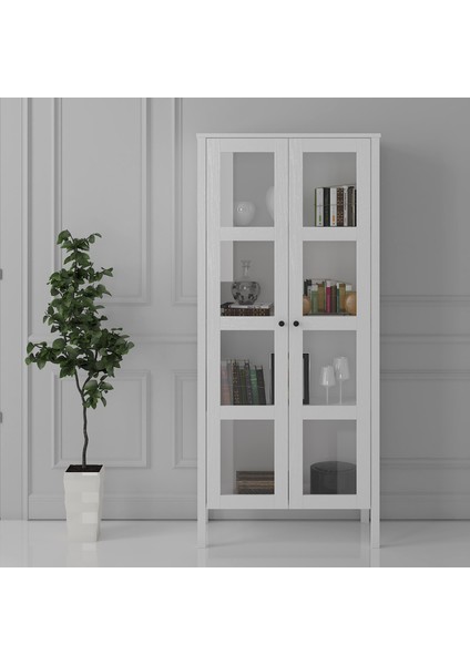 Venezia Cam Kapaklı Ahşap Ayaklı Çok Amaçlı Dolap, Vitrin, Erzak Dolabı - Minifiks - Wood Beyaz fiyatları