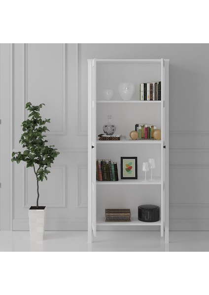 Venezia Cam Kapaklı Ahşap Ayaklı Çok Amaçlı Dolap, Vitrin, Erzak Dolabı - Minifiks - Wood Beyaz fırsatları