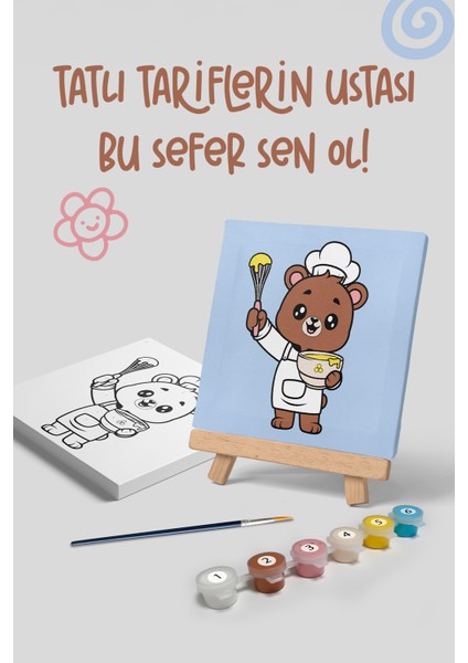 Şef Ayı Temalı Çocuk Şövale Tuval Boyama Seti | Ahşap Şövale+Tuval+6 Renk Akrilik Boya+Fırça