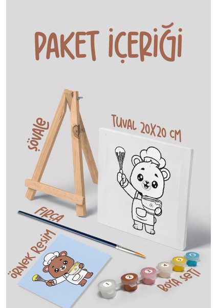 Şef Ayı Temalı Çocuk Şövale Tuval Boyama Seti | Ahşap Şövale+Tuval+6 Renk Akrilik Boya+Fırça modelleri