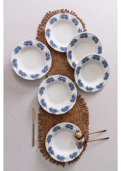 Vintage Flowers Blue 22 cm 6’lı Porselen Yemek Tabağı Seti