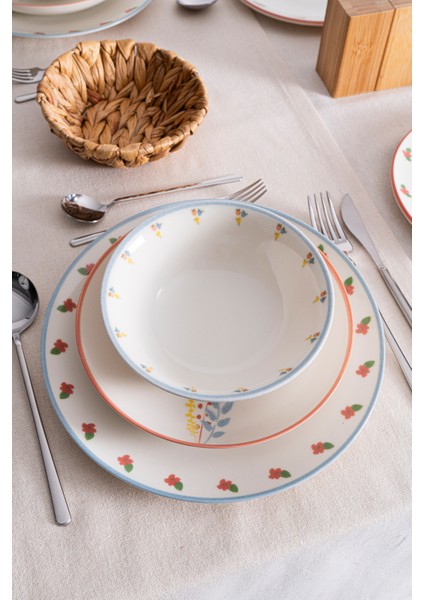 Liora 24 Parça 6 Kişilik Renkli Çiçek Desenli Porselen Yemek Takımı
