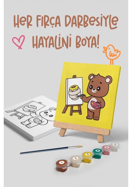 Ressam Ayı Temalı Çocuk Şövale Tuval Boyama Seti | Ahşap Şövale+Tuval+6 Renk Akrilik Boya+Fırça